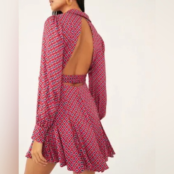 FREE PEOPLE S It Takes Two Lng Sleeve Geometric Belted Open Back Mini Dress Pink - Picture 2 of 14